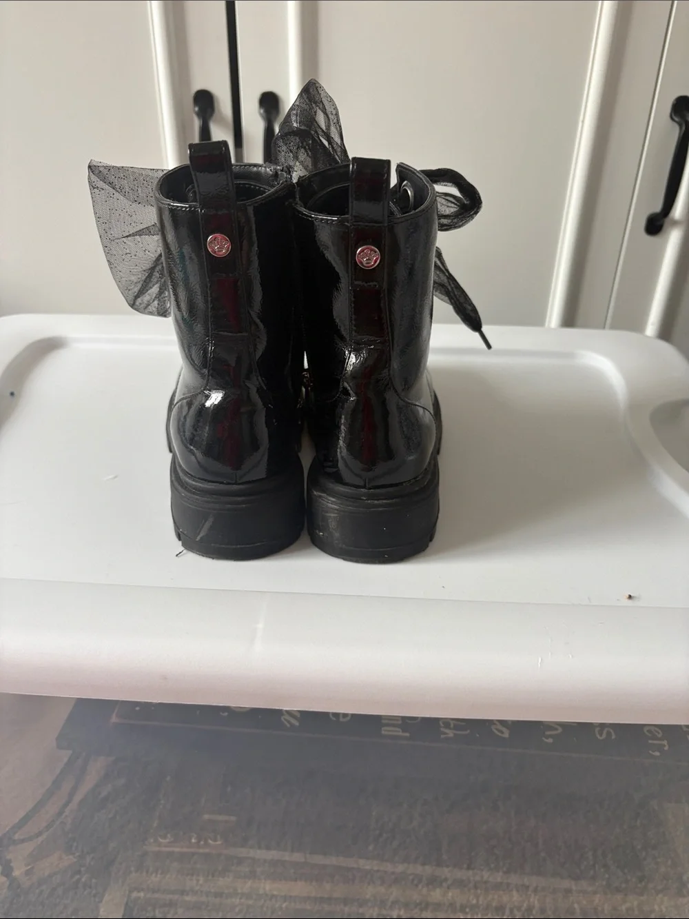 Nina Black Patent Sheer Ribbon Lace-Up Kids Boots